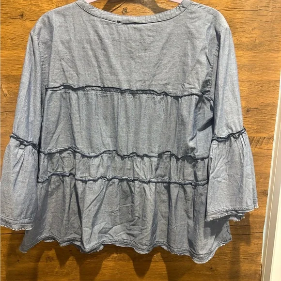 SUNDANCE Chambray Tiered Long Sleeve Tassel Top - Picture 8 of 9